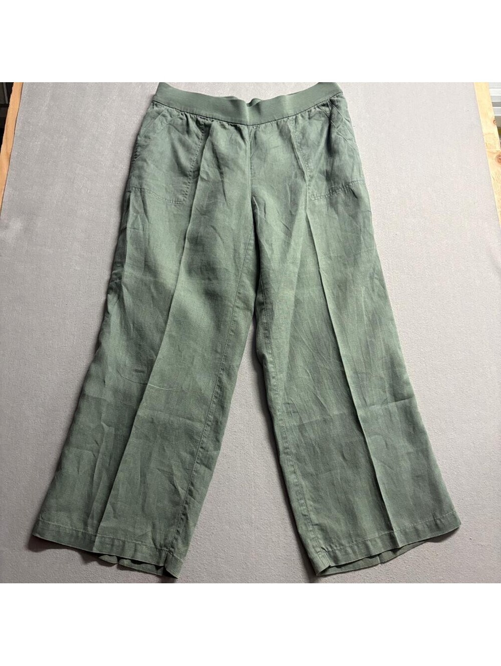 Lands End Linen Pants Womens 18 Green Wide Leg Elastic Waist Pull On Casual